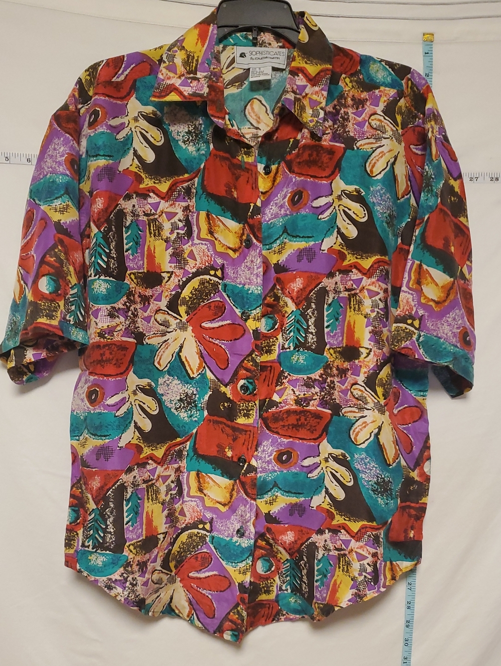 Vintage Multicolor Abstract Print Button Up Short Sleeve 100% Silk Boxy Blouse S